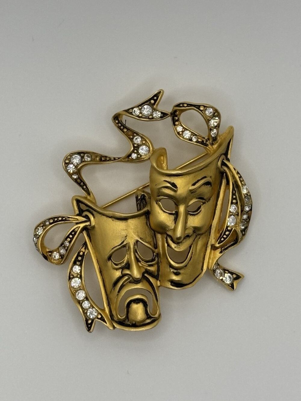 Vtg 80s Signed Bob Mackie Comedy Tragedy Theater Masks Brooch Pin Gold